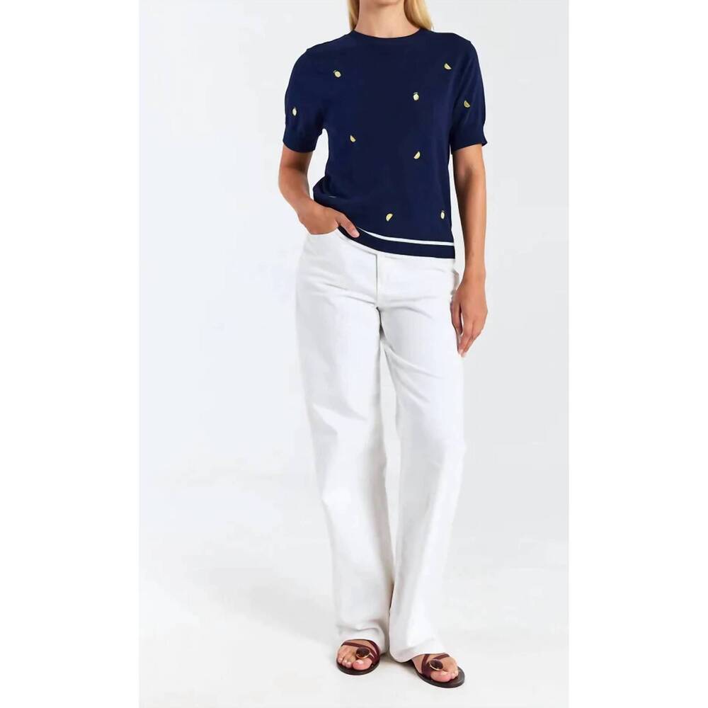 NEW BRODIE CASHMERE lemon ditsy embroidery tee in navy